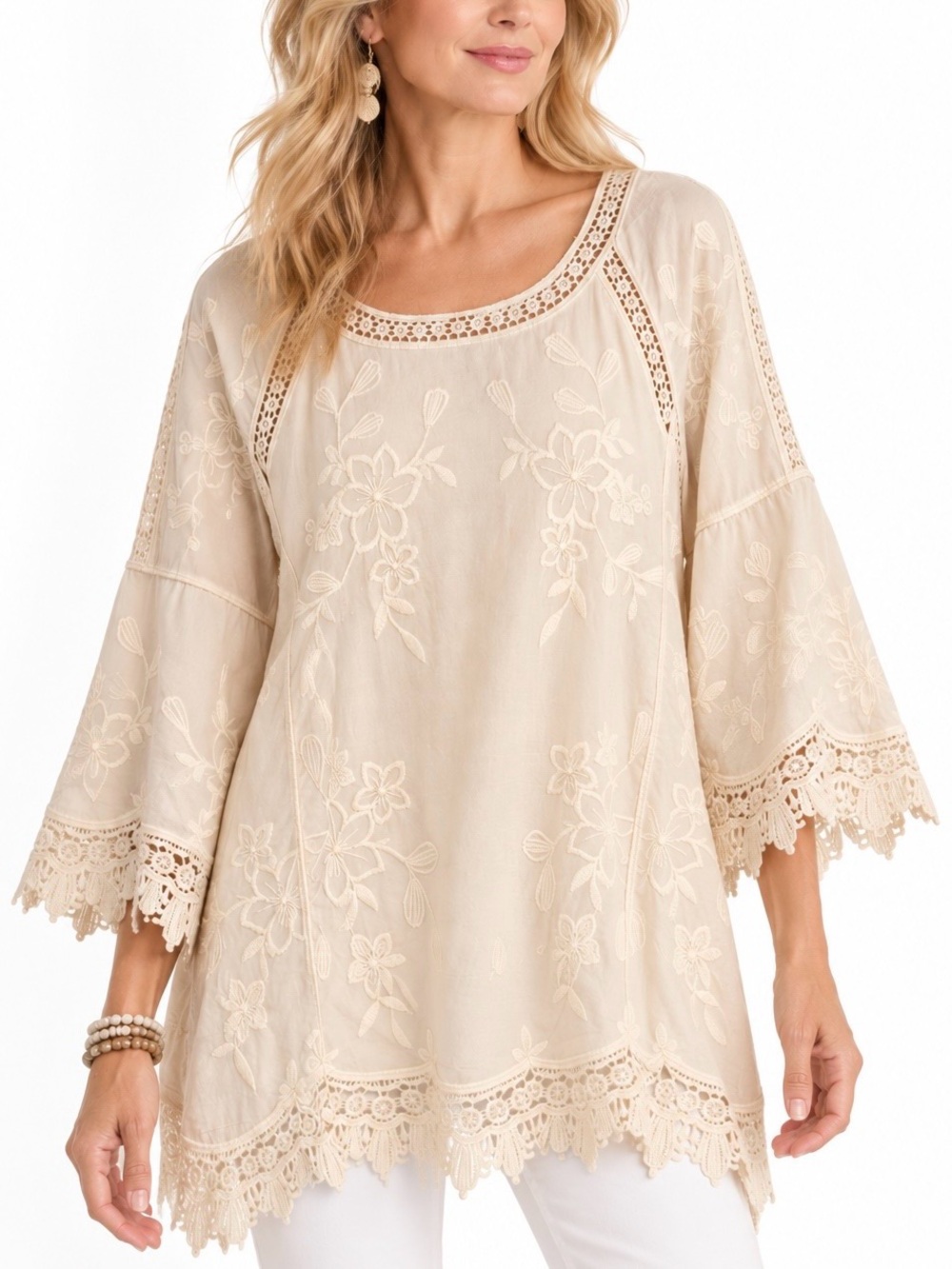 Soft Surroundings 100% Cotton Ivory Floral Embroidered Crochet Lace Tunic Top 1X